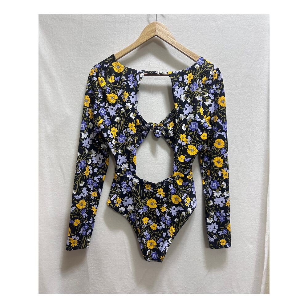 Tori Praver Paige Cut Out Rashguard M Swimwear Blk Yellow Floral Surfer Feminine - Picture 5 of 7
